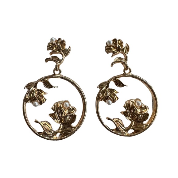 Golden Floral with Pearls Drop Hoop Earrings - Picture 1 of 4